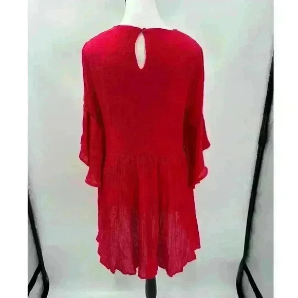 Umgee Red Women's Floral Embroidered Keyhole Bell Sleeve Mini Dress Bohemian SM - Picture 6 of 8